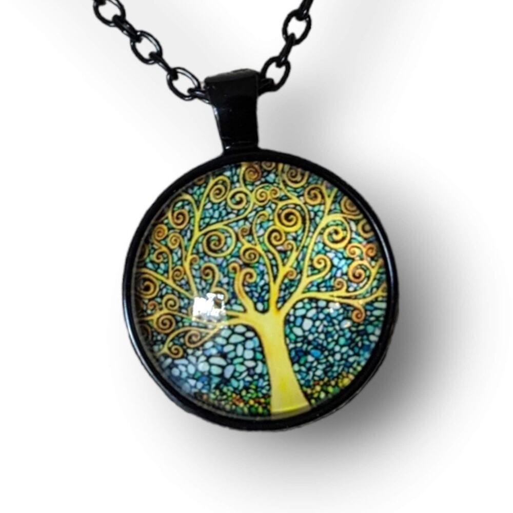 Gorgeous watercolor tree of life pendant necklace on black chain